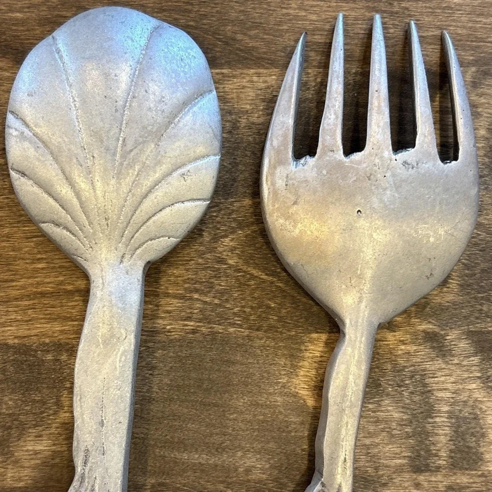 Vintage Hand-Cast Pewter Koi Fish Salad Serving Set - Artisan C.16 Pattern 11.5